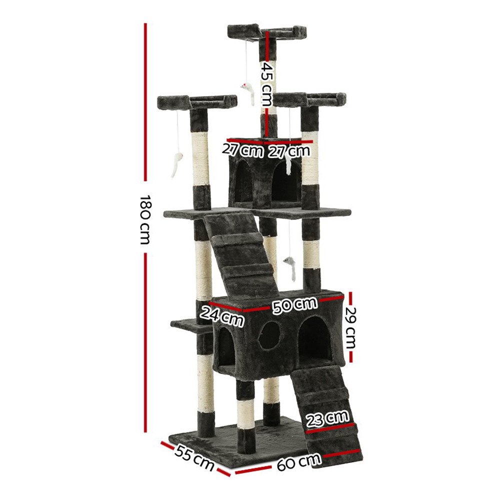 i.Pet Cat Tree 180cm Tower Scratching Post Scratcher Wood Condo House Toys Grey - Image 2