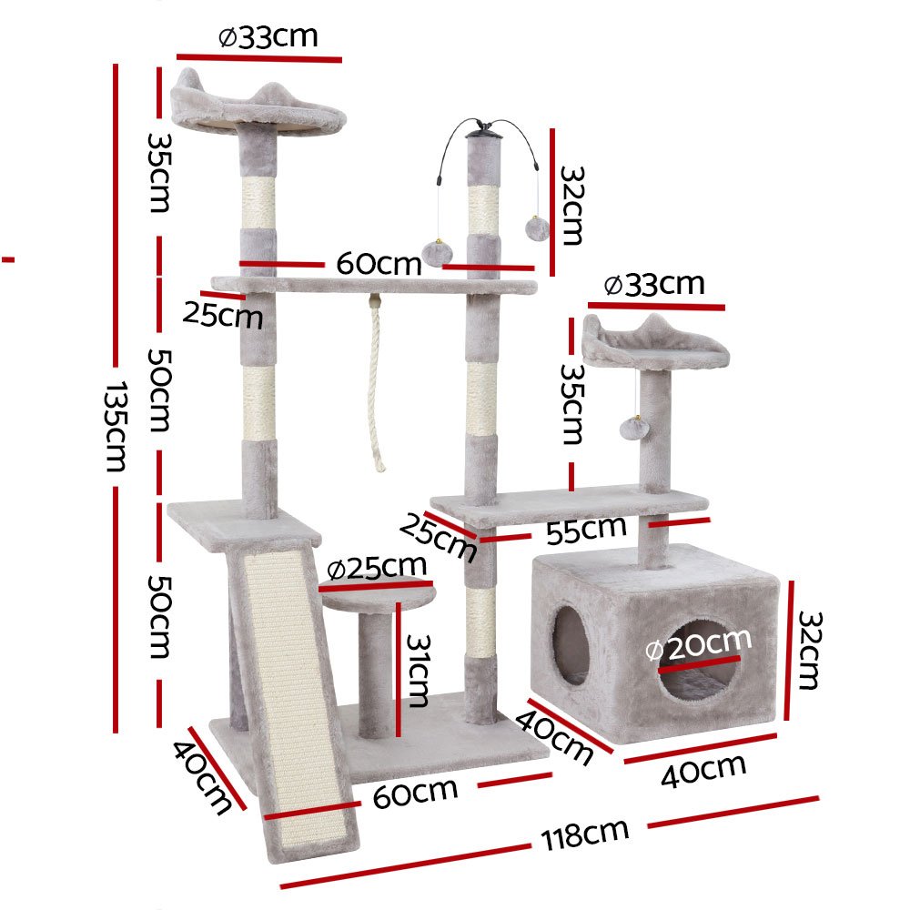i.Pet Cat Tree 135cm Tower Scratching Post Scratcher Wood Condo House Toys Grey - Image 2