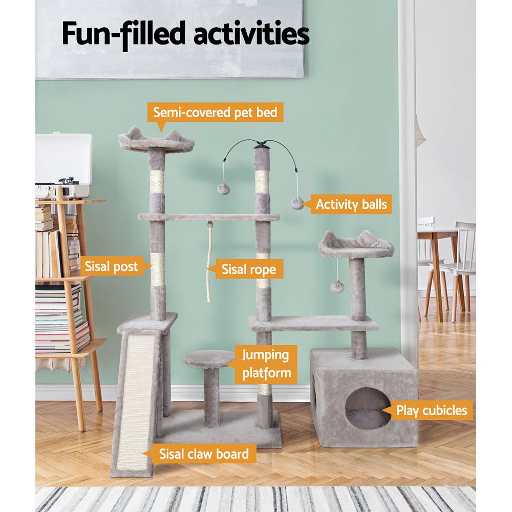 i.Pet Cat Tree 135cm Tower Scratching Post Scratcher Wood Condo House Toys Grey - Image 4