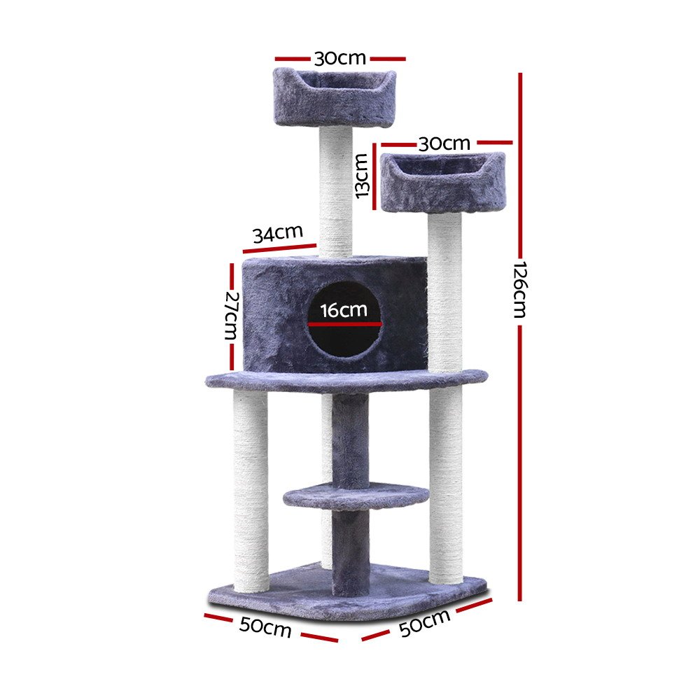 i.Pet Cat Tree 126cm Tower Scratching Post Scratcher Condo Trees House Grey - Image 2