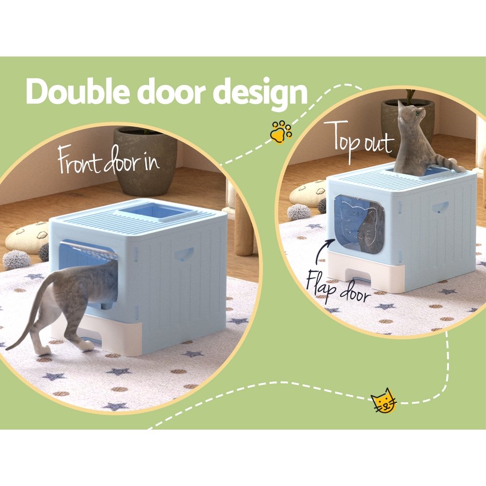 i.Pet Cat Litter Box Large Tray Kitty Toilet Enclosed Hooded Foldable Cat Litter Box Scoop Blue - Image 4