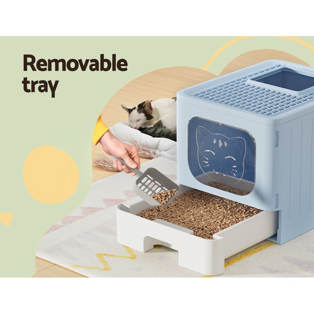 i.Pet Cat Litter Box Large Tray Kitty Toilet Enclosed Hooded Foldable Cat Litter Box Scoop Blue - Image 5