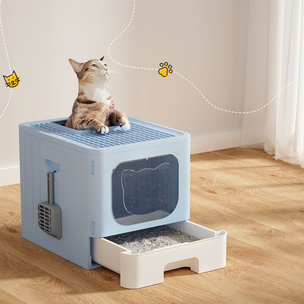 i.Pet Cat Litter Box Large Tray Kitty Toilet Enclosed Hooded Foldable Cat Litter Box Scoop Blue - Image 7