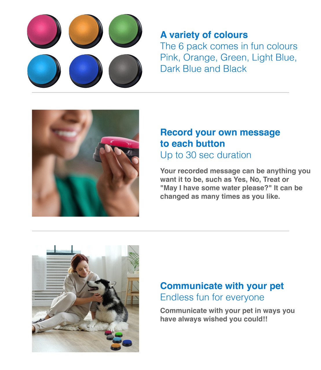 Tech4Pets 6-Pack Talking Buttons for Interactive Pet Communication - Image 2