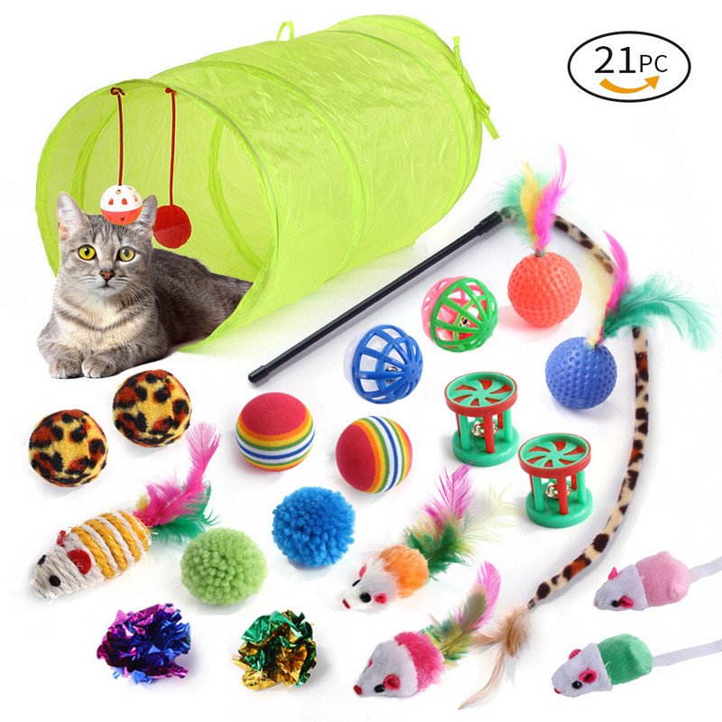 pet products Super Set (21 Pcs) - Cat Tunnel, Teaser, Mice, Jingle Balls, & Pom Poms. (Note: accessory colors are shipped randomly).