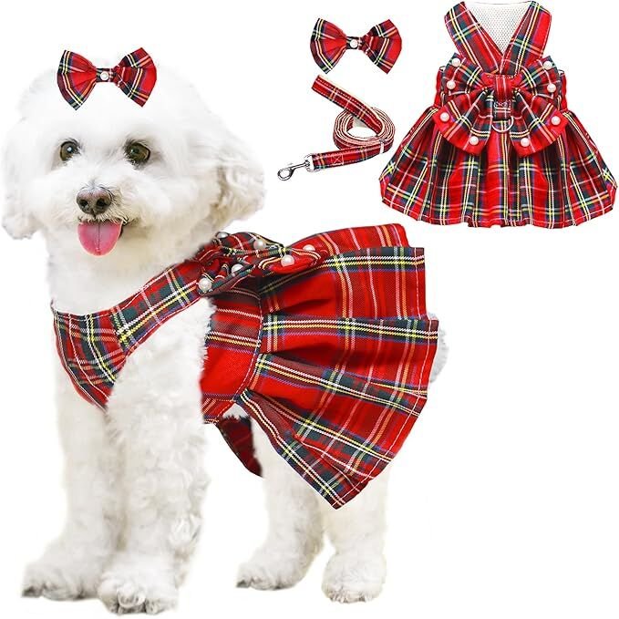 pet products Dog Dress Bowknot Harness Leash Set for Small Dogs Girl Cute Plaid Dog Dress Pearls Bow Tie Spring Summer Princess Clothes Birthday Holiday Doggie Outfits for Puppy Cats Girl Apparel