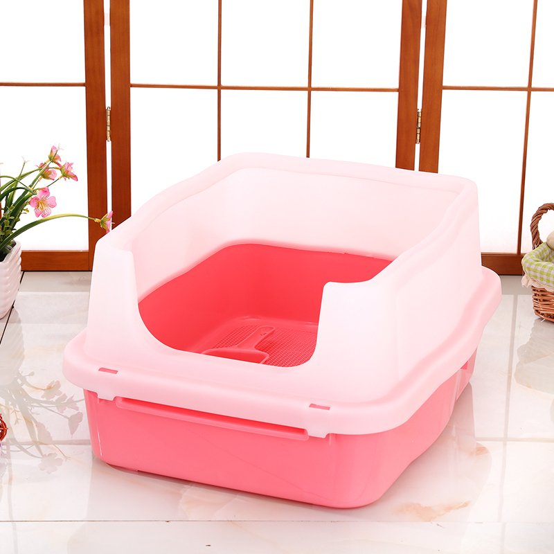 YES4PETS Large Deep Cat Kitty Litter Tray High Wall Pet Toilet Grid Tray With Scoop Pink - Image 2