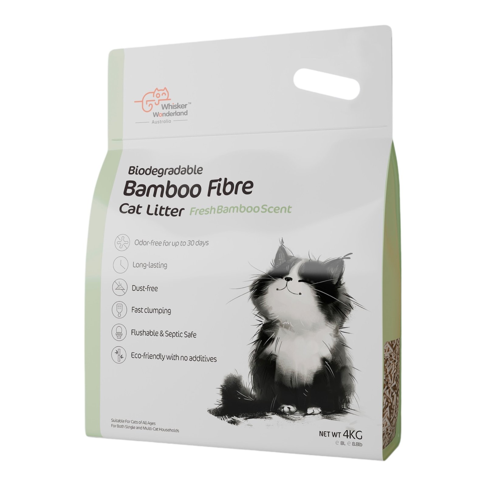 Whisker Wonderland Premium Biodegradable Bamboo Fibre Cat Litter 4KG - Fresh Bamboo Scent | Superior Odour Control, Fast Clumping & Flushable | Pet & Planet Friendly