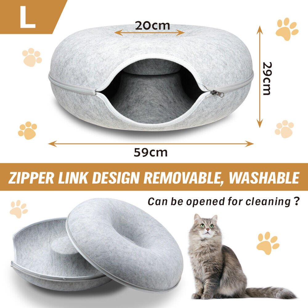 59 x 29cm Cat Tunnel Bed Dark Grey Felt Pet Puppy Nest Cave Toy Light Grey - Image 2