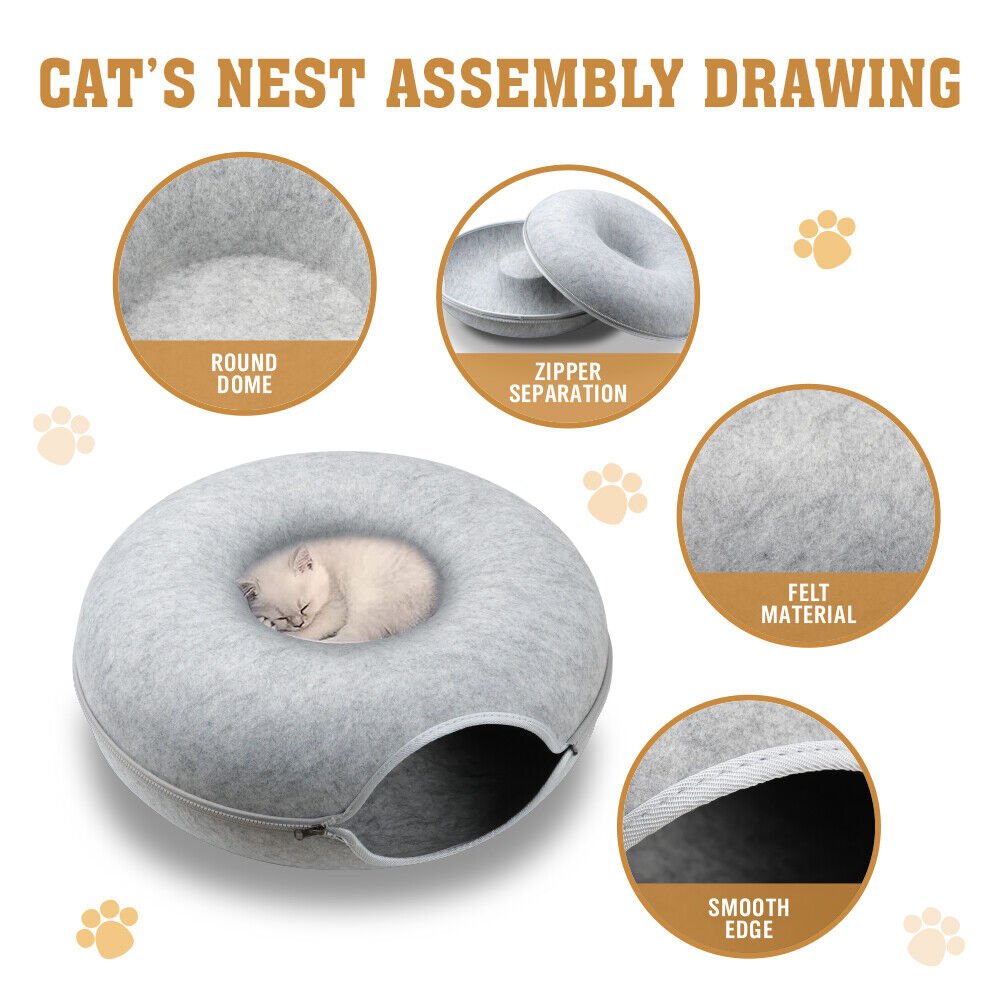 59 x 29cm Cat Tunnel Bed Dark Grey Felt Pet Puppy Nest Cave Toy Light Grey - Image 5