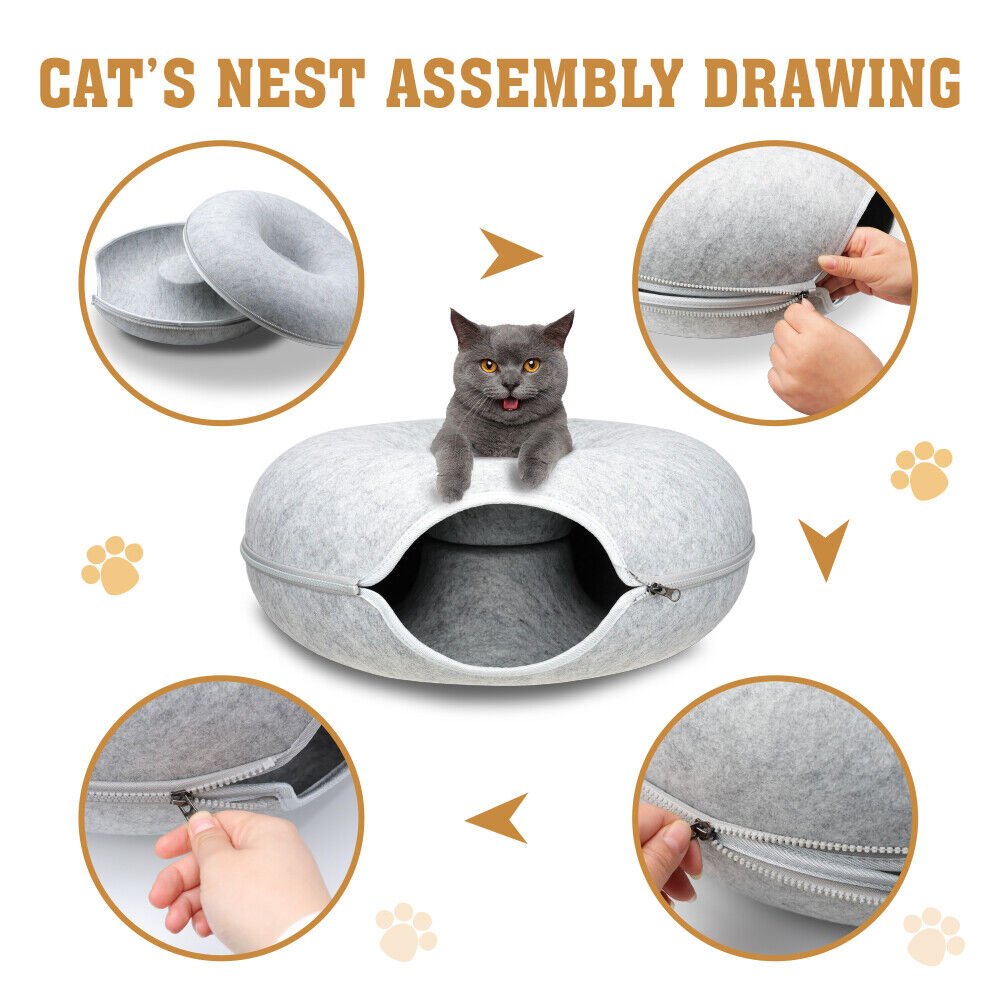 59 x 29cm Cat Tunnel Bed Dark Grey Felt Pet Puppy Nest Cave Toy Light Grey - Image 7