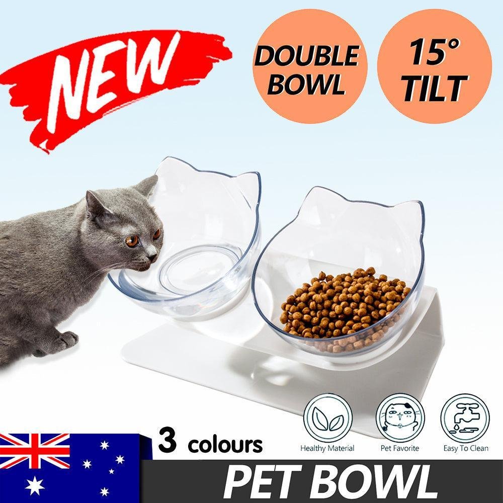 Double Cat Dog Bowl Elevated Pet Feeder Stand Raised Food Water Feeding Dish - Black+Transparency