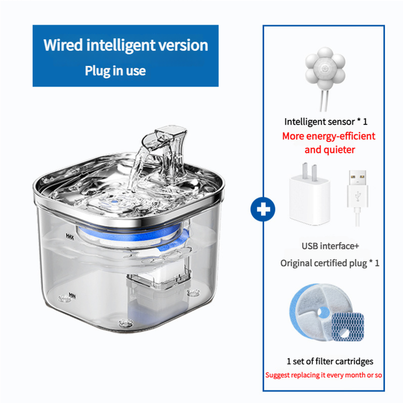 Wired Intelligent Pet Water Fountain with Quiet Sensor and Filter Set â€“ USB Plug Included