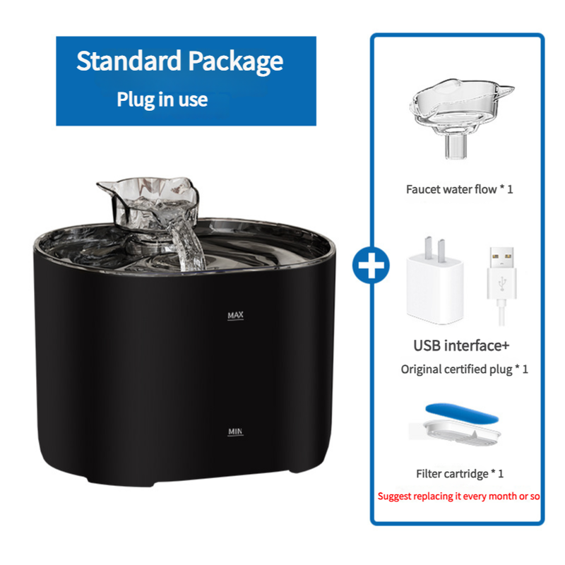 2.2L Standard Package Pet Water Fountain with Faucet Flow and USB Plug â€“ Black Design