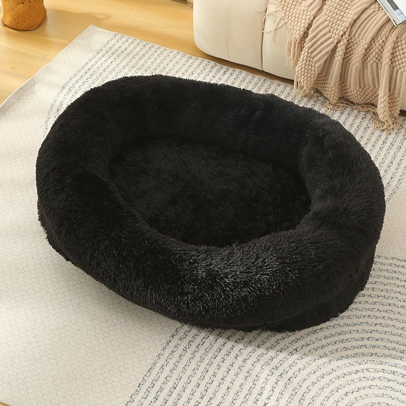Fluffy Donut-Shaped Pet Bed- Soft, Cozy, and Anti-Anxiety for Dogs and Cats, Machine Washable Black Size:L 90*65*20cm