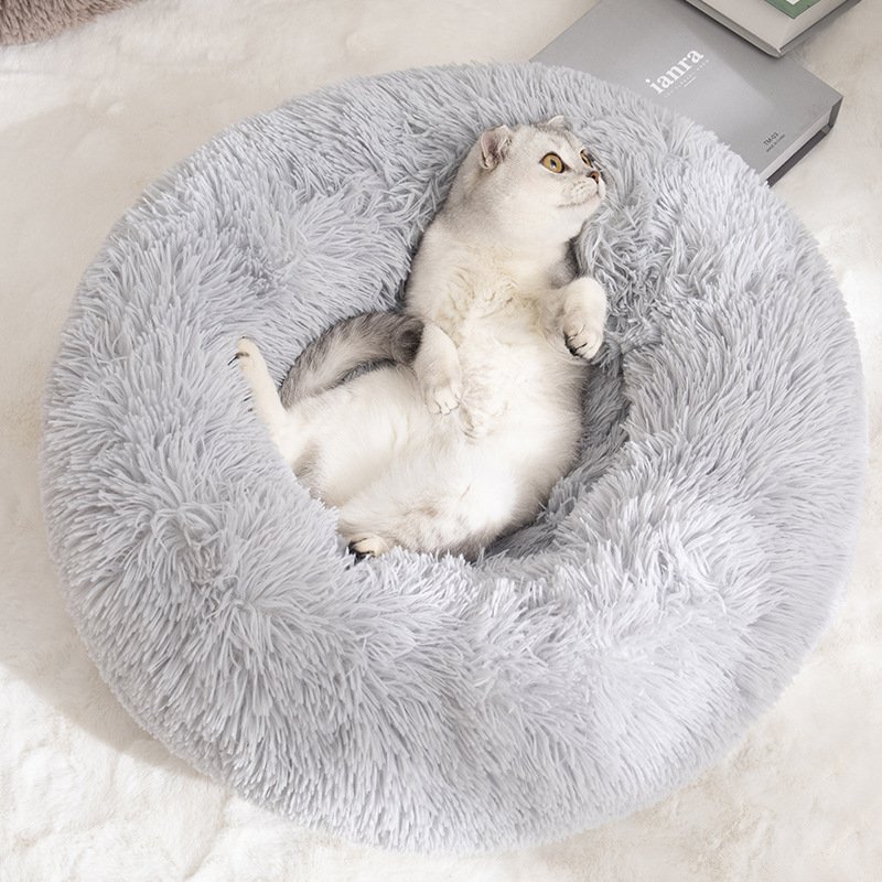 Calming Donut Pet Bed -Soft Faux Fur, Anti-Anxiety Fluffy Round Bed for Cats and Small Dogs (blue)40cm - Image 5