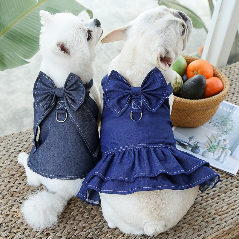 Pet Denim Harness Dress Set (2 Pieces) - 2XL Size (60cm Chest for 14-20 lb Pets) with T-Shirt and Skirt, Bow,and Leash Ring - Image 2