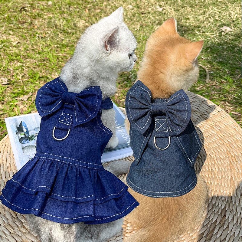 Pet Denim Harness Dress Set (2 Pieces) - 2XL Size (60cm Chest for 14-20 lb Pets) with T-Shirt and Skirt, Bow,and Leash Ring - Image 3
