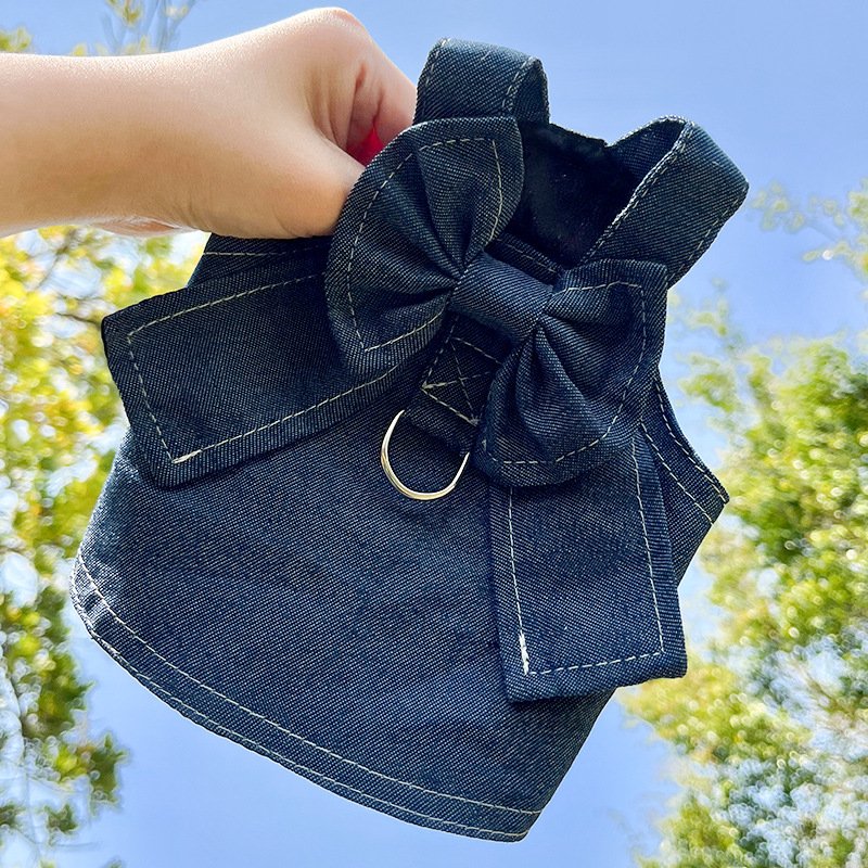 Pet Denim Harness Dress Set (2 Pieces) - 2XL Size (60cm Chest for 14-20 lb Pets) with T-Shirt and Skirt, Bow,and Leash Ring - Image 5