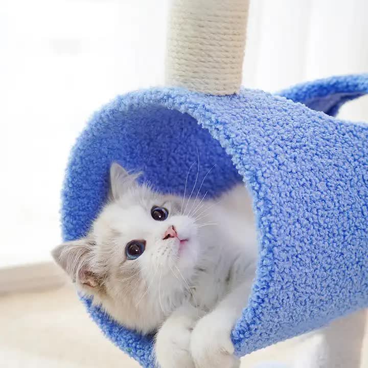 Interactive Cat Tunnel & Scratching Post with Spring Toy - Cozy Playtime for Kittens Blue - Image 3