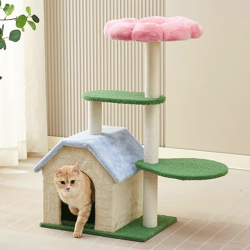 Floral Cat Tree with Cozy Hideaway and Scratching Posts (50x38x90 cm)