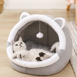 Gray Half-Enclosed Cat Bed - Soft Short Velvet Fabric with Sponge + PP Cotton Filling, M Size (35x35x30cm)