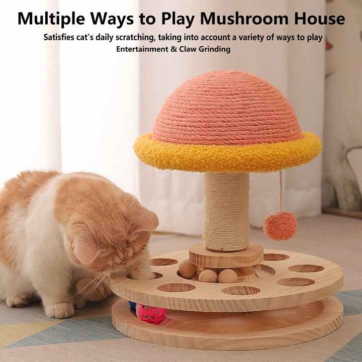 Large Pink Interactive Cat Scratching Post with Ball Track â€“ Fun Mushroom-Shaped Cat Toy for Play, Scratching, and Entertainment