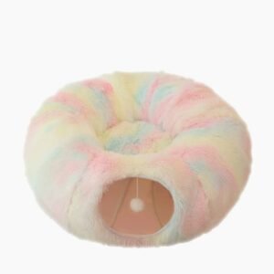 Rainbow Luxury Plush Cat Bed with Hidden Tunnel - Soft Round Pet Bed for Cats and Small Dogs