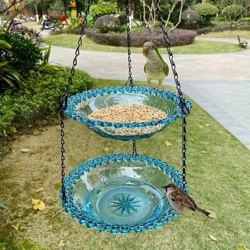 2 Set Blue Elegant Hanging Glass Bird Feeder - Double Tier for Garden Birds
