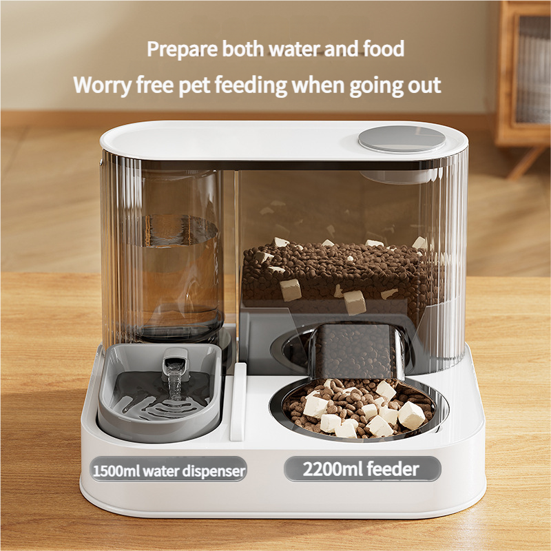Automatic Pet Feeder and Water Bowl - 2-in-1 Grey Stainless Steel Bowl Cat Feeding Station - Image 2