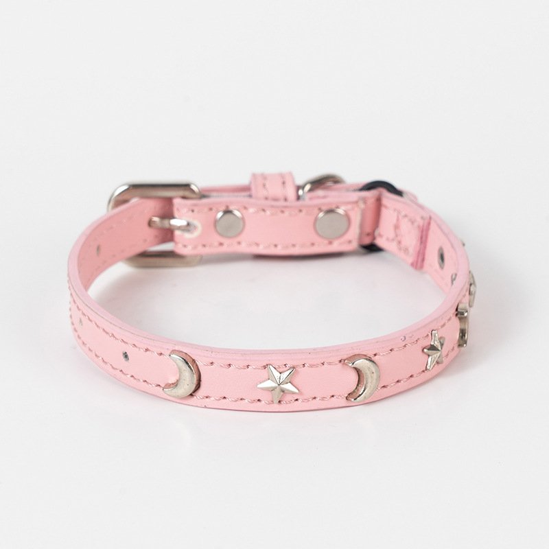3 pcs Pink Stylish PU Leather Pet Collar - Anti-Loss, Puppy Bell, Star & Moon Design Width 1.2cm Total Length 35cm - Image 2