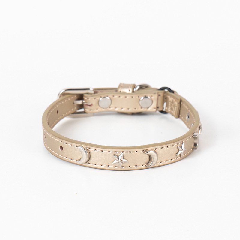 3 pcs Gold Stylish PU Leather Pet Collar - Anti-Loss, Puppy Bell, Star & Moon Design Width 1.2cm Total Length 35cm - Image 2