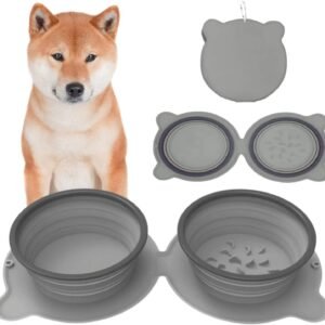 Grey Portable Collapsible Pet Bowl Set - Food-Grade Silicone Double Bowl for Dogs & Cats, Anti-Slip & Easy to Clean