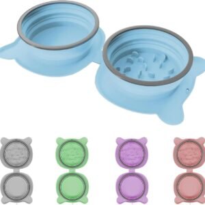 Blue Portable Collapsible Pet Bowl Set - Food-Grade Silicone Double Bowl for Dogs & Cats, Anti-Slip & Easy to Clean