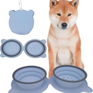 Dark Blue Portable Collapsible Pet Bowl Set - Food-Grade Silicone Double Bowl for Dogs & Cats, Anti-Slip & Easy to Clean
