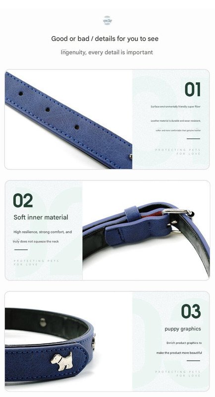 2 PCS Blue Soft Leather Dog Collar - Adjustable & Durable for Medium/Large Dogs S-(48*2.0cm) - Image 4