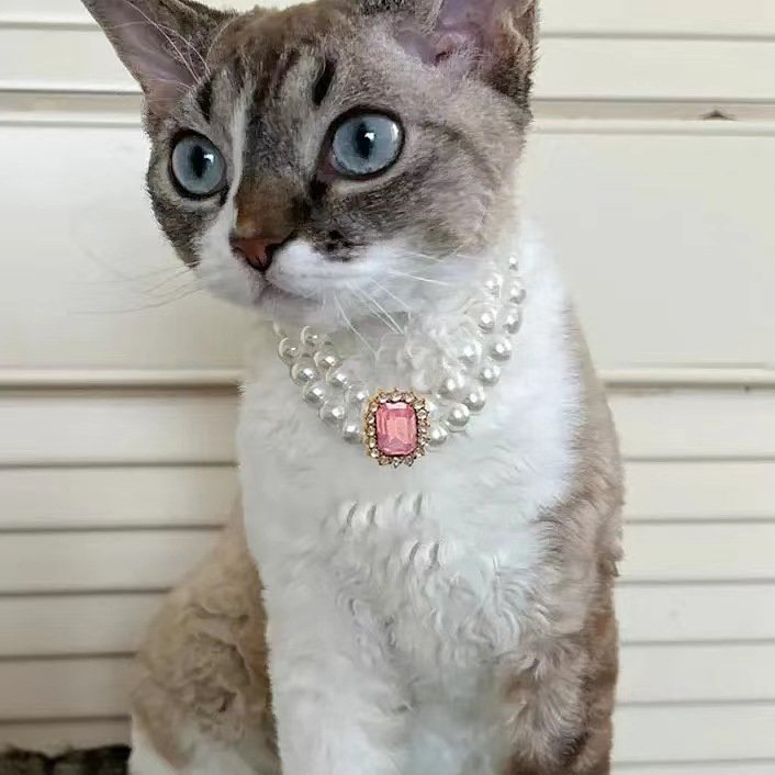 3-pcs Pink Diamond Double Strand Pearl & Rhinestone Pet Necklace - Luxury Collar for Cats & Dogs Size M (25-31CM) - Image 2