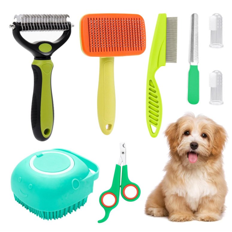 Green 8-Piece Pet Grooming Tool Set - Brushes, Nail Clippers & More