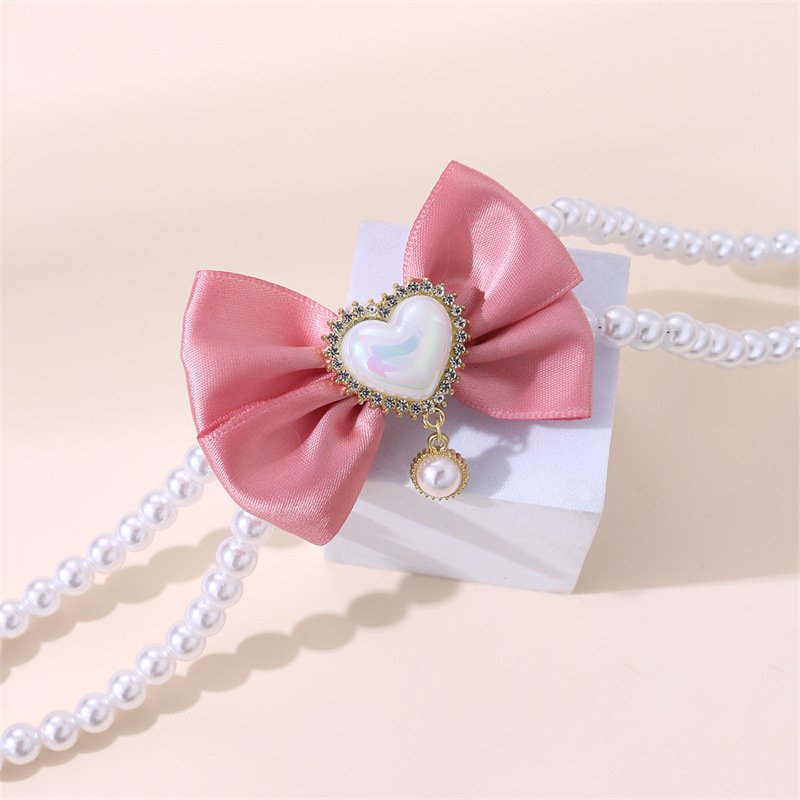 2 - PCS Cute Pet Pearl Necklace Collar with Pink Bow and Heart Charm - Size S - Image 2
