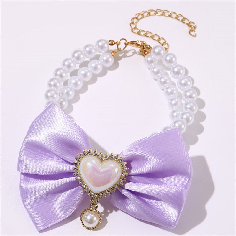 2 - PCS Cute Pet Pearl Necklace Collar with Purple Bow and Heart Charm - Size S