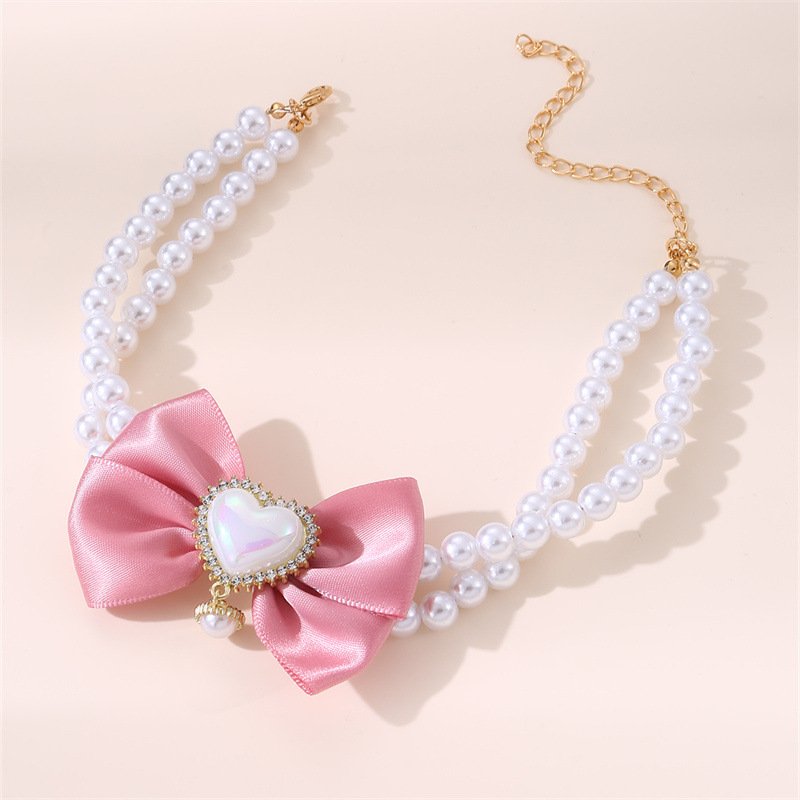2 - PCS Cute Pet Pearl Necklace Collar with Pink Bow and Heart Charm - Size M - Image 3