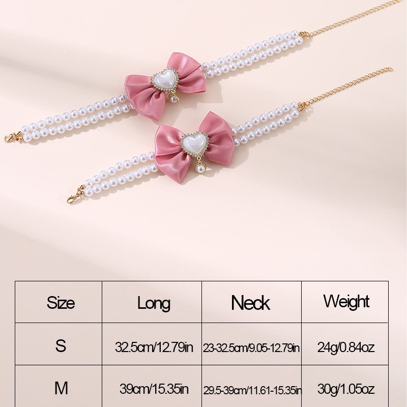 2 - PCS Cute Pet Pearl Necklace Collar with Pink Bow and Heart Charm - Size M - Image 4