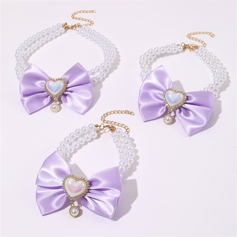 2 - PCS Cute Pet Pearl Necklace Collar with Purple Bow and Heart Charm - Size L - Image 2