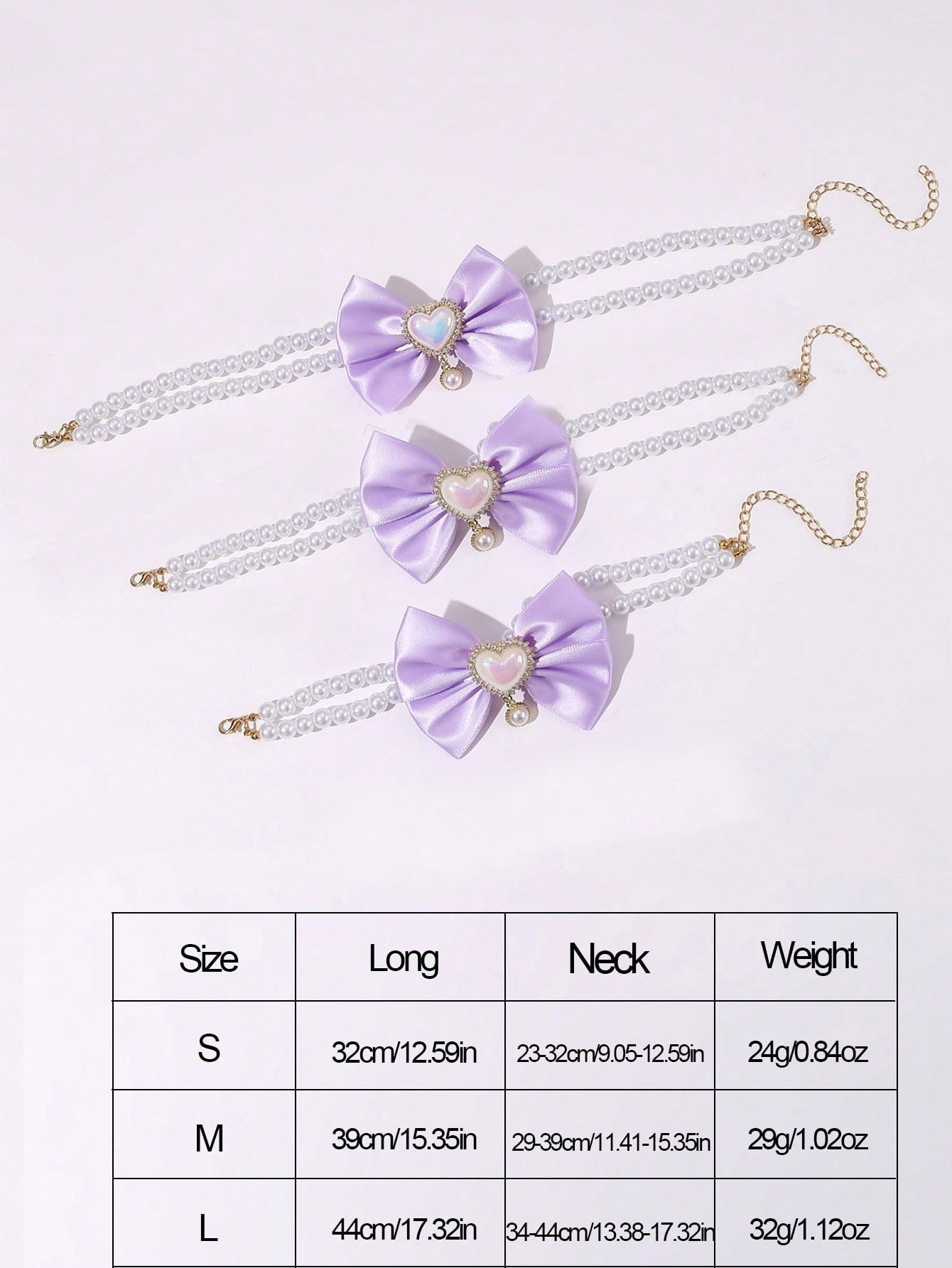 2 - PCS Cute Pet Pearl Necklace Collar with Purple Bow and Heart Charm - Size L - Image 3