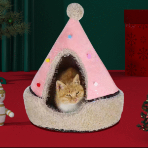 Festive Detachable Pet House - Cozy Pine Needle Wool Christmas Hat Design (S - 37x46cm)