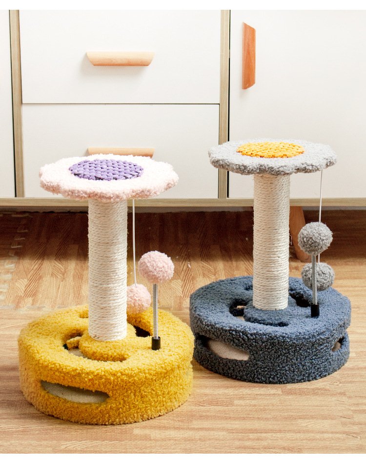 Yellow And Pink Sunflower Cat Scratching Post - 35cm Sisal Cat Tree with Plush Toys for Small Cats - Image 3