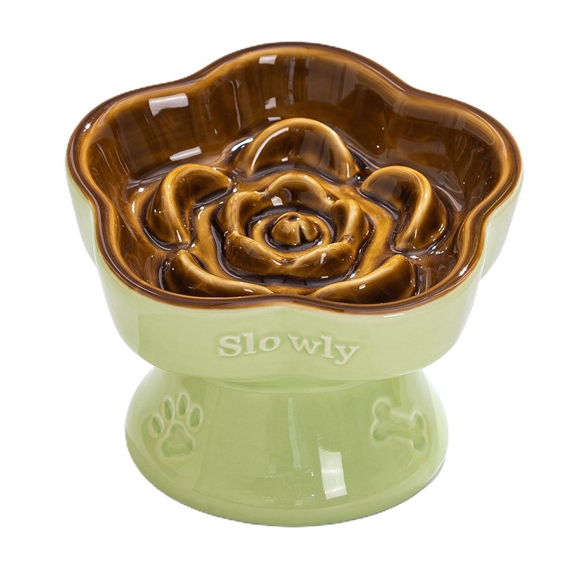 Green and Brown Ceramic Slow Feeder Pet Bowl for Cats and Small Dogs - Anti-Choke Elevated Design with 15-Degree Tilted Rim