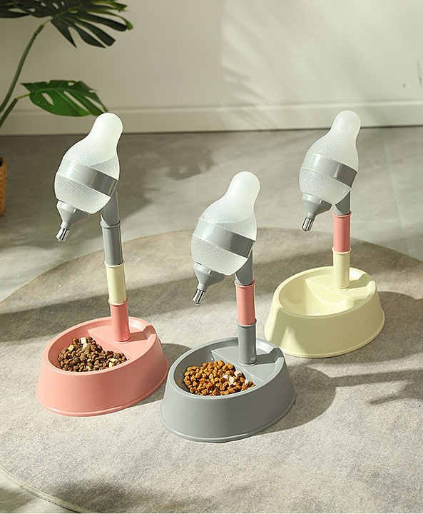 Beige Base Adjustable Height Pet Water Dispenser with Food Bowl Base - Non-Drip Bottle Feeder Station for Dogs & Cats - Image 2