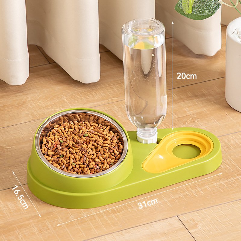 Green And Yellow Pet Bowl Set with Automatic Gravity Water Dispenser - Stainless Steel & PP Feeder Station