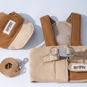 M Brown Pet Sun Hat with Adjustable Strap + Leash & Harness 3-Piece Set - Breathable Summer Cap for Dogs & Cats with Ear Holes